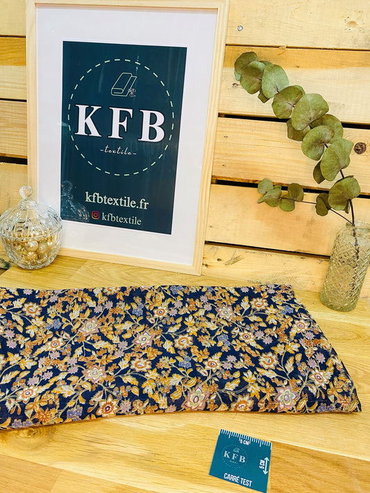 Mousseline Fleurs Folk Fond Marine