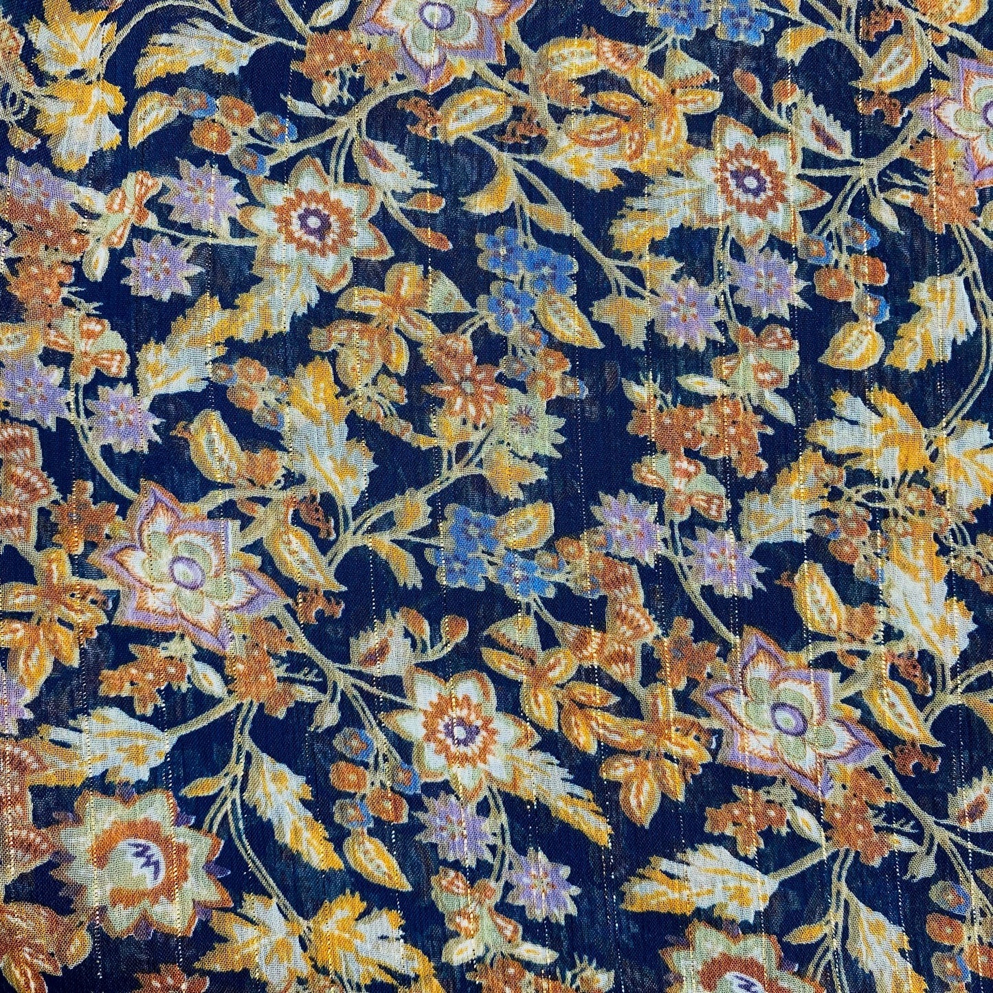 Mousseline Fleurs Folk Fond Marine