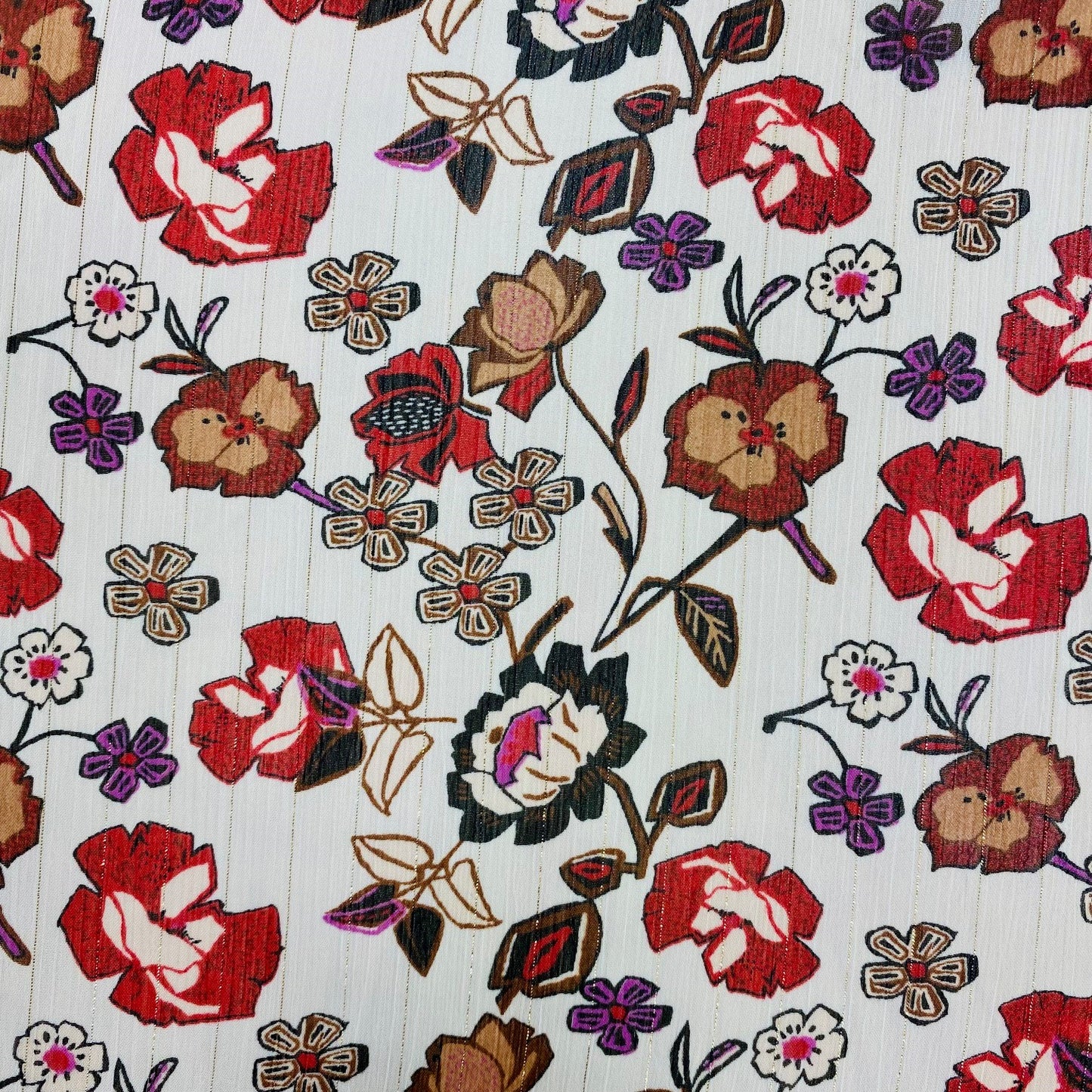 Mousseline Rose rouge fond crème fil lurex